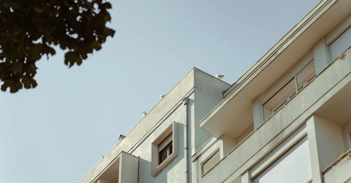 Vue en angle d'un bâtiment d'appartements moderne avec un ciel bleu dégagé et des branches d'arbres.