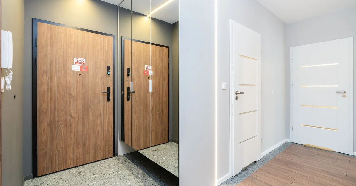 Un couloir minimaliste avec des portes en bois et blanches, illustrant un design intérieur moderne.